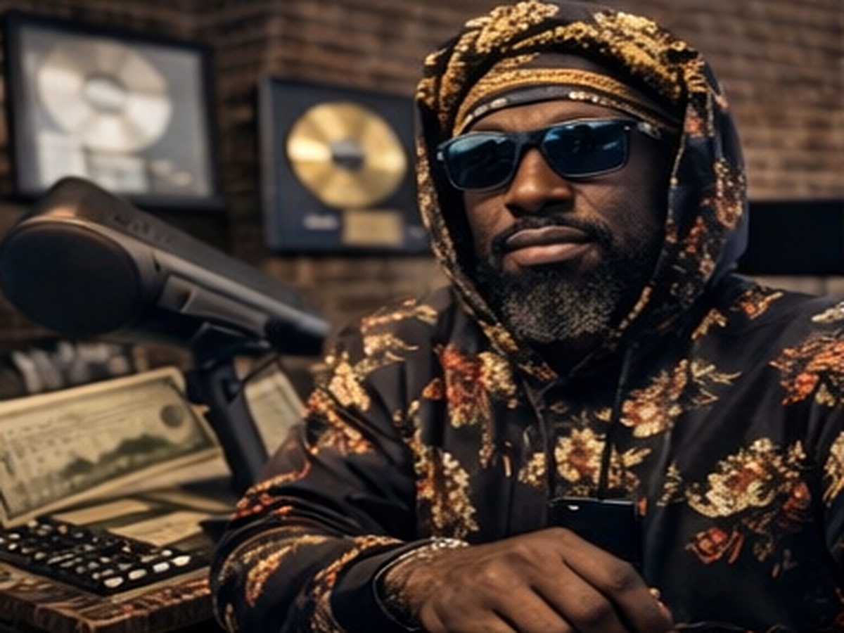 AI-assisted editorial image of Yasheen Vickers seated by a microphone in a studio.