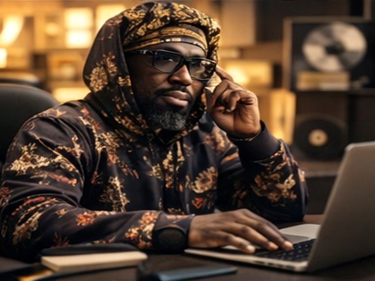 AI-assisted editorial image of Yasheen Vickers on a phone call while working at a laptop.